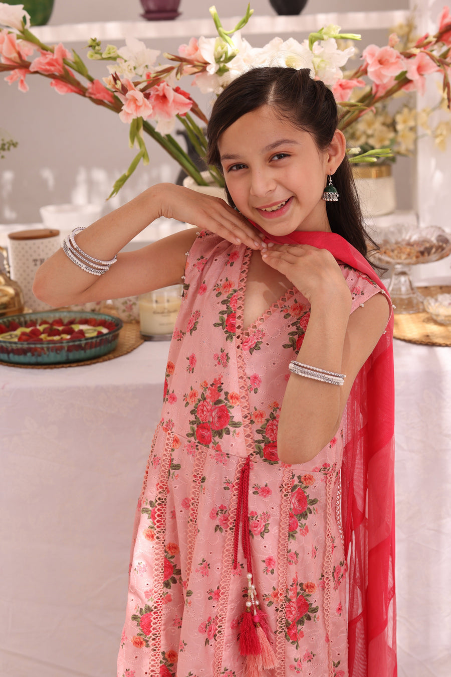Girls’ Candlelight Peach Floral Chikankari Lawn 3-Piece Kalidaar Suit