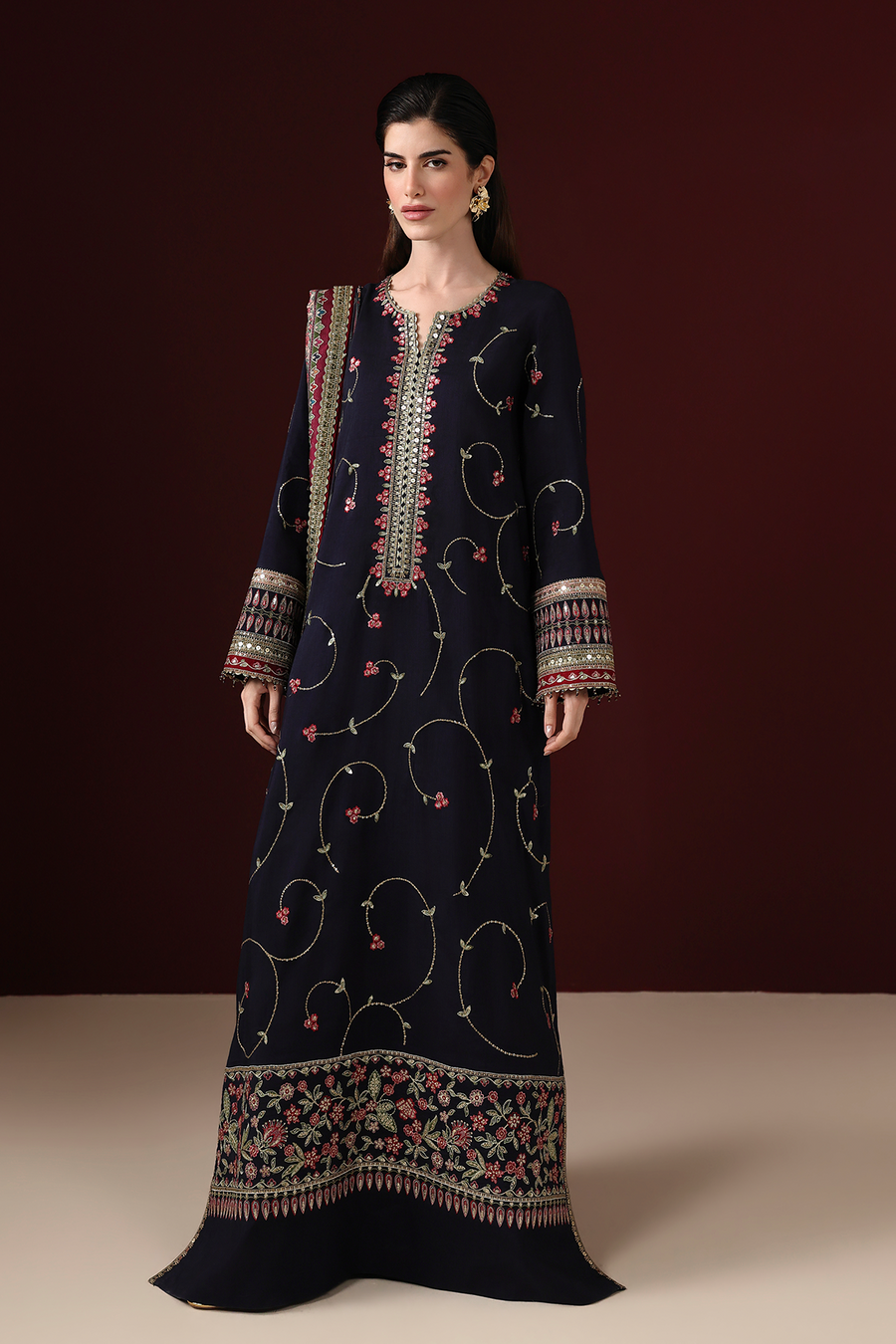 Midnight Blue Floral Embroidered Korean Raw Silk 3-Piece Suit