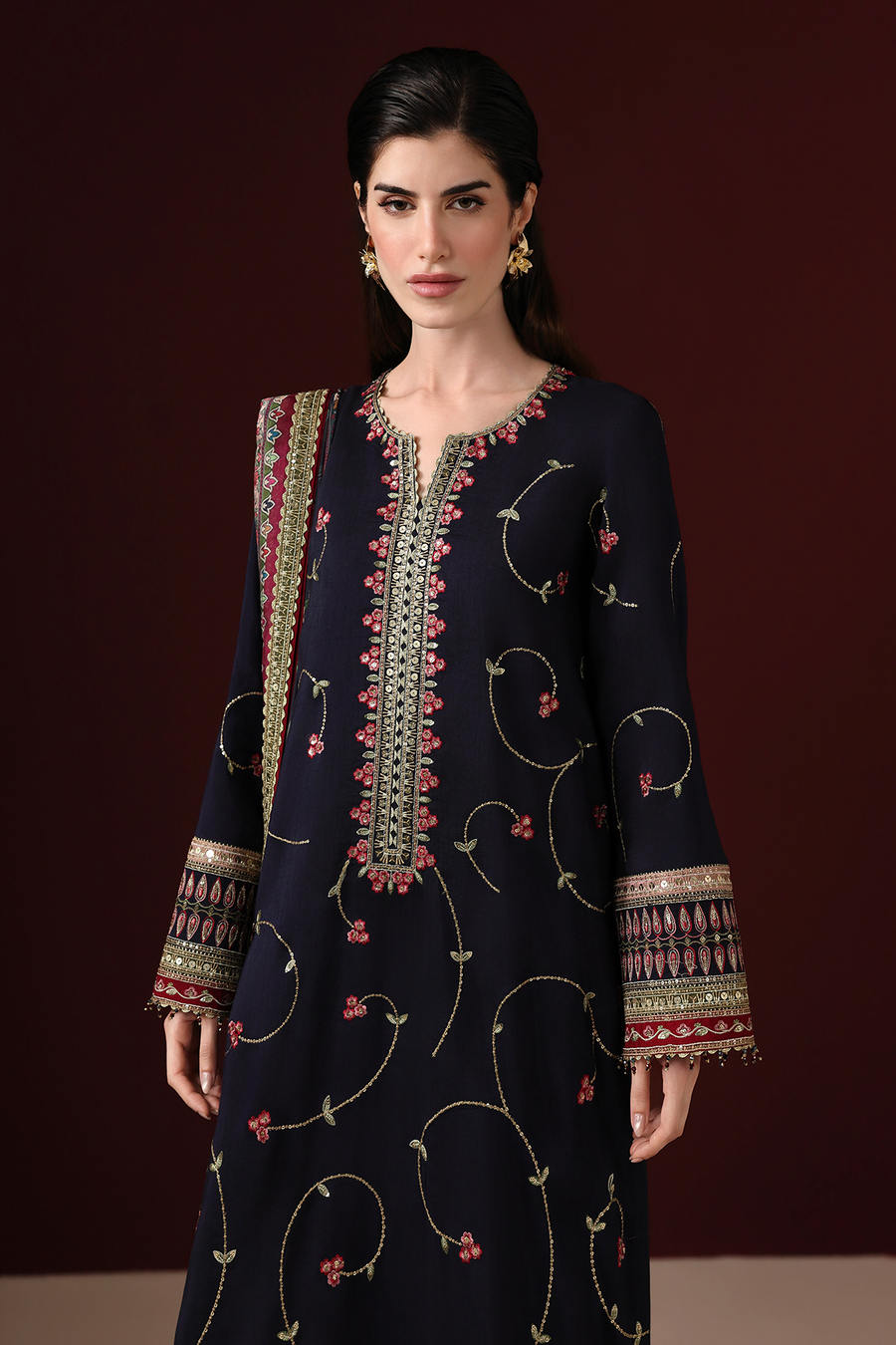 Midnight Blue Floral Embroidered Korean Raw Silk 3-Piece Suit