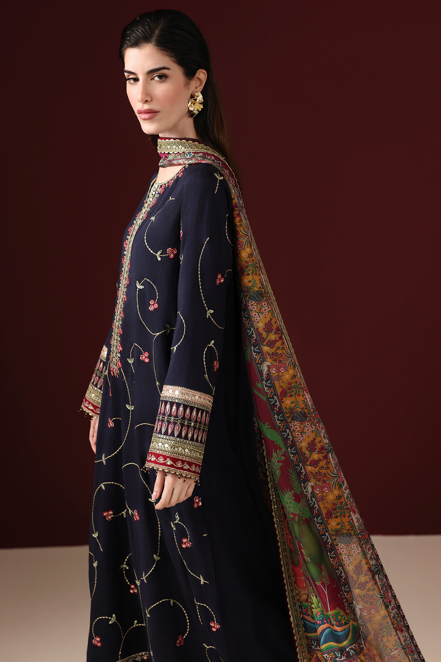 Midnight Blue Floral Embroidered Korean Raw Silk 3-Piece Suit