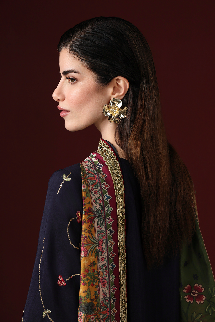 Midnight Blue Floral Embroidered Korean Raw Silk 3-Piece Suit