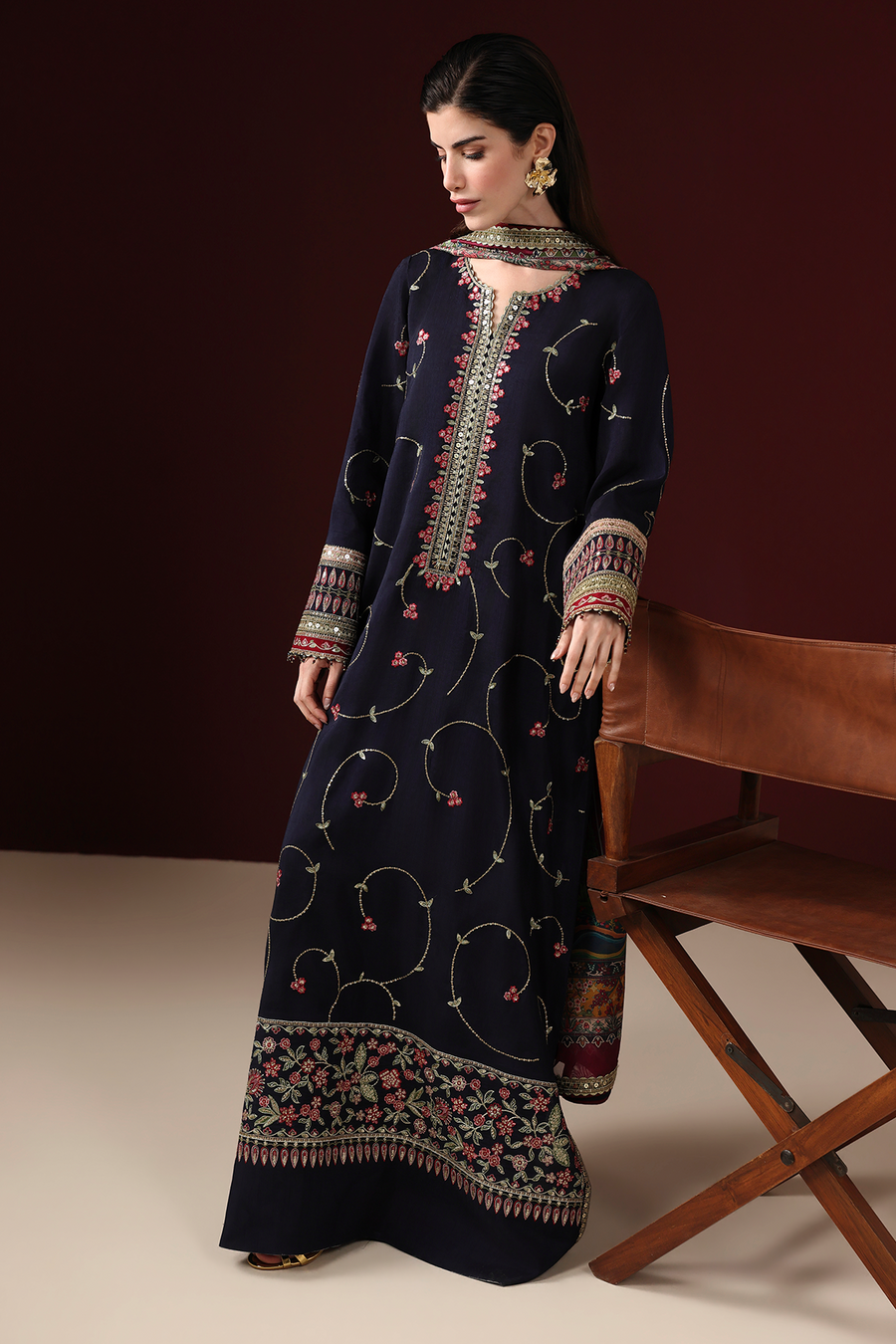 Midnight Blue Floral Embroidered Korean Raw Silk 3-Piece Suit