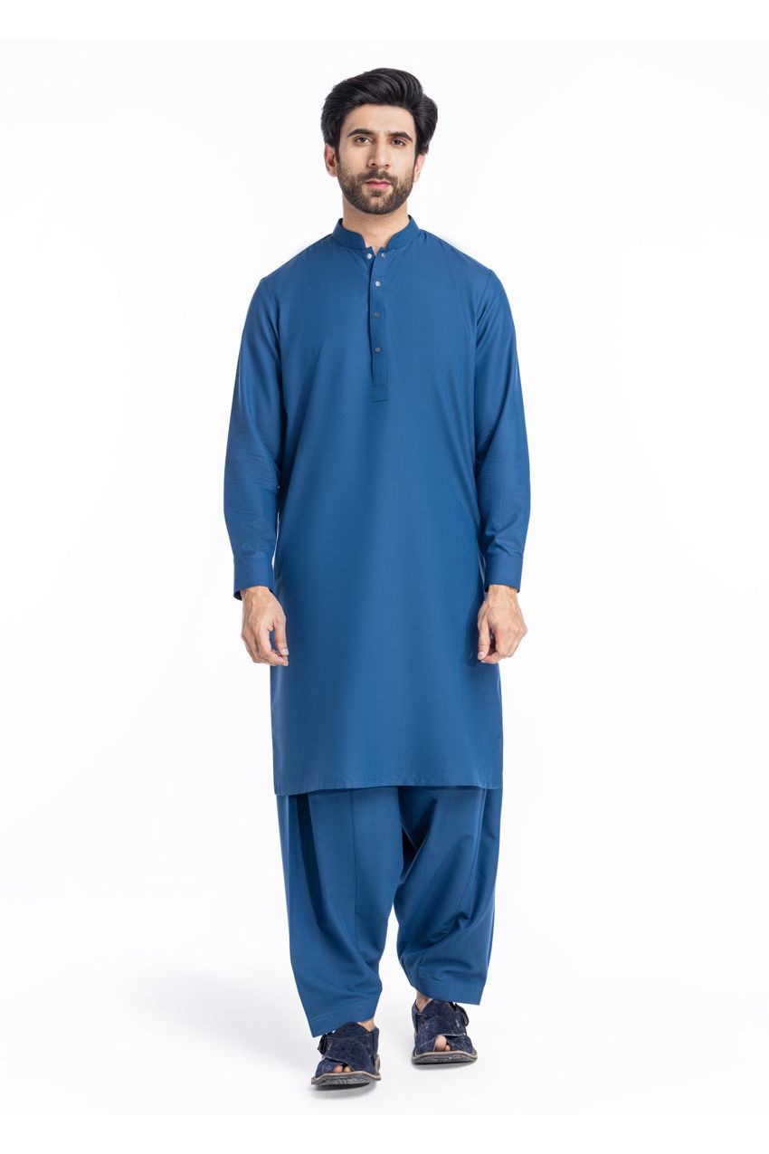 Slate Blue Mercerized Cotton 2-Piece Kurta | Mandarin Collar