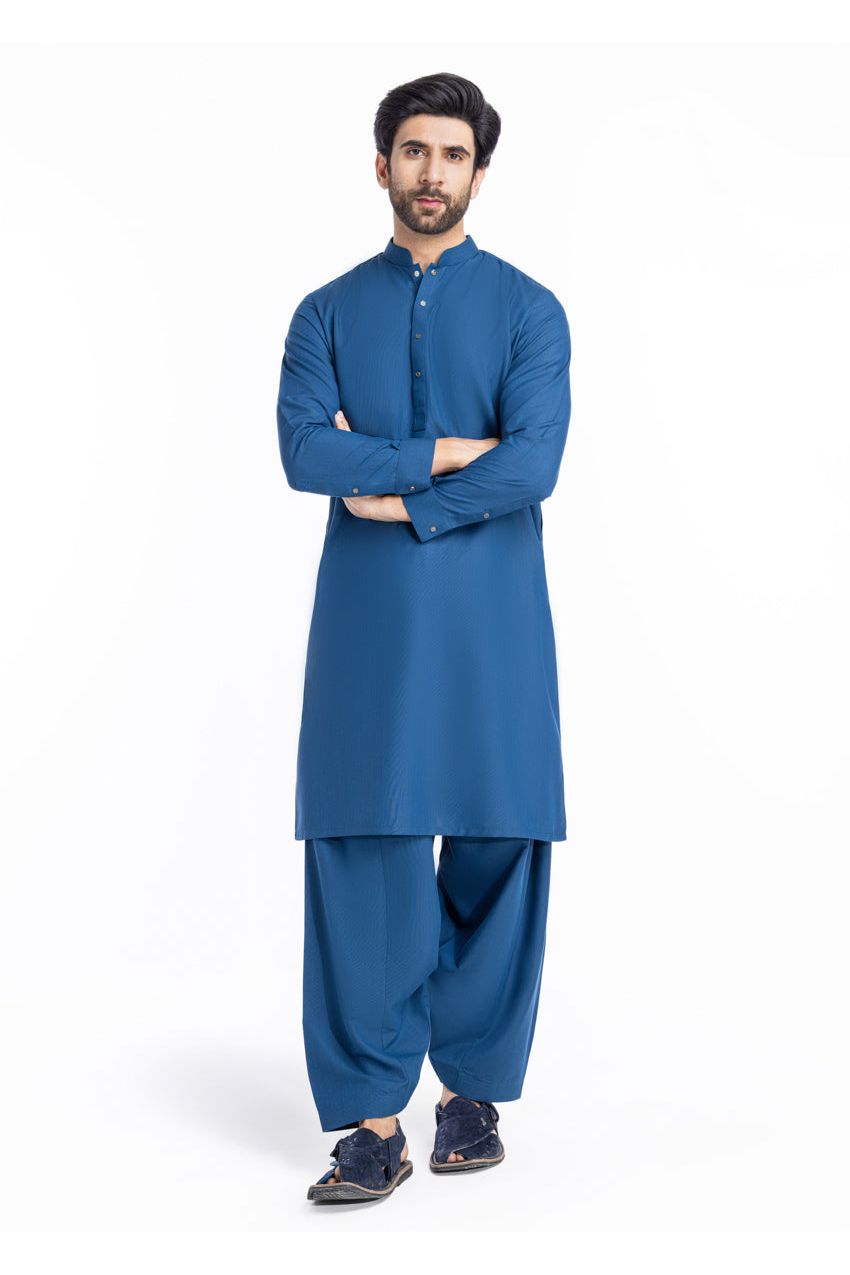 Slate Blue Mercerized Cotton 2-Piece Kurta | Mandarin Collar
