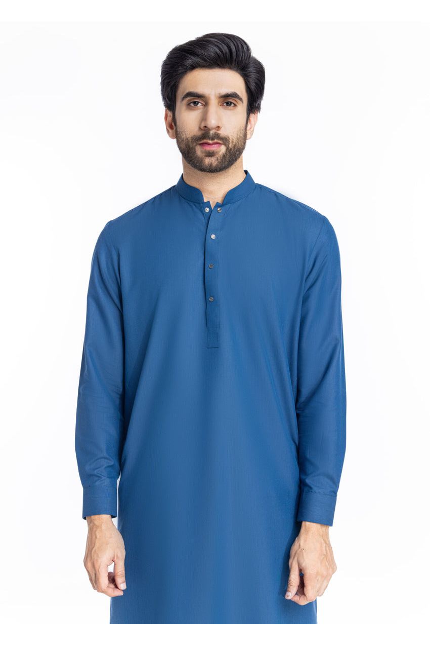 Slate Blue Mercerized Cotton 2-Piece Kurta | Mandarin Collar