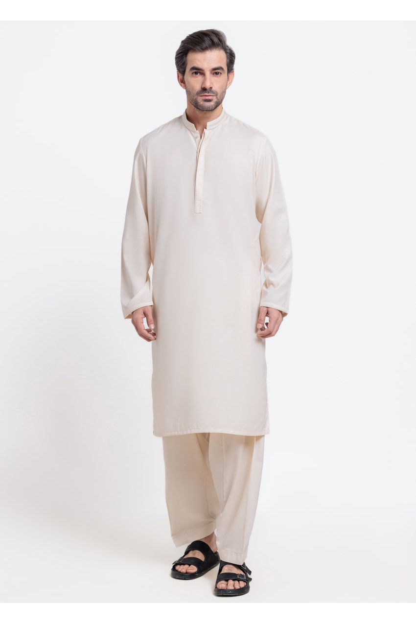 Cream Cotton Blend 2-Piece Kurta Shalwar | Mandarin Neckline