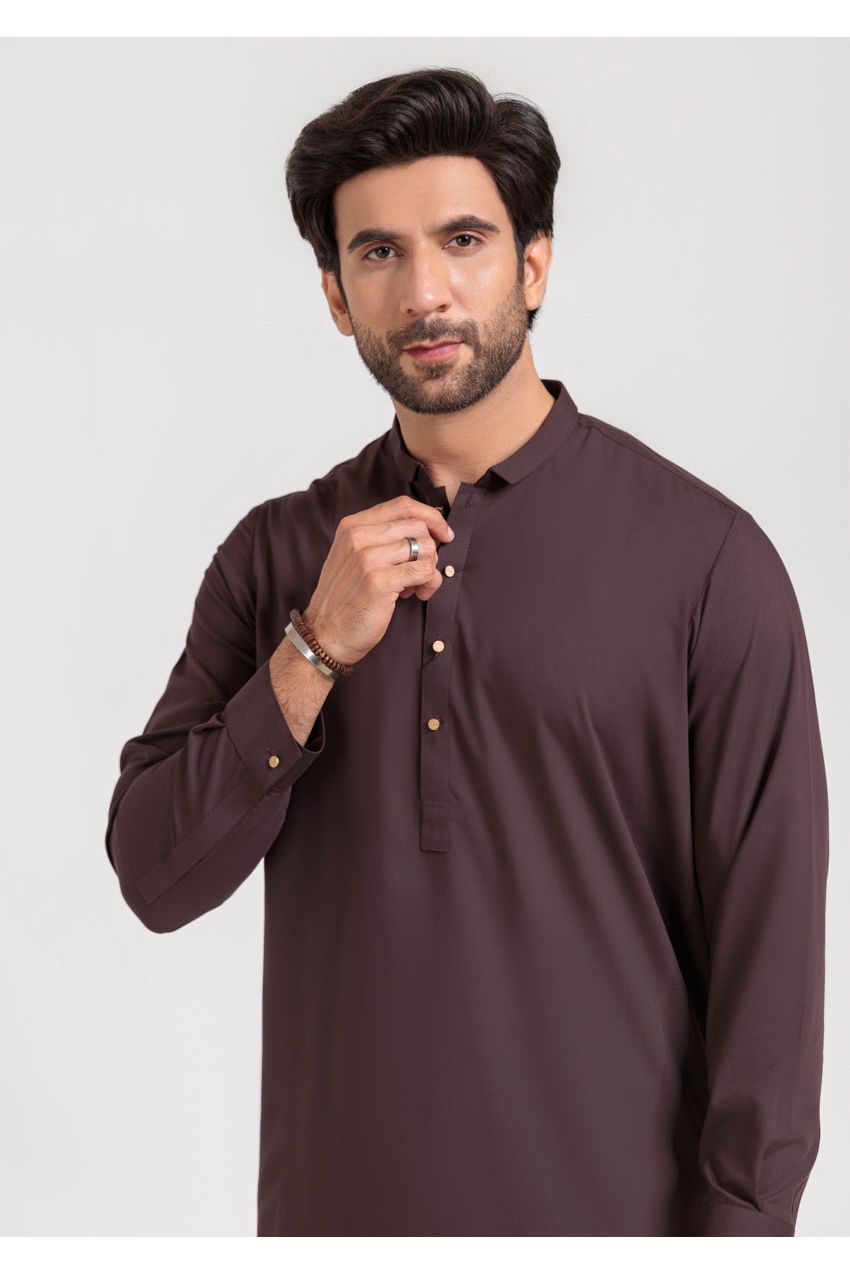 Plum Silk Blend 2-Piece Kurta | Henley Neckline