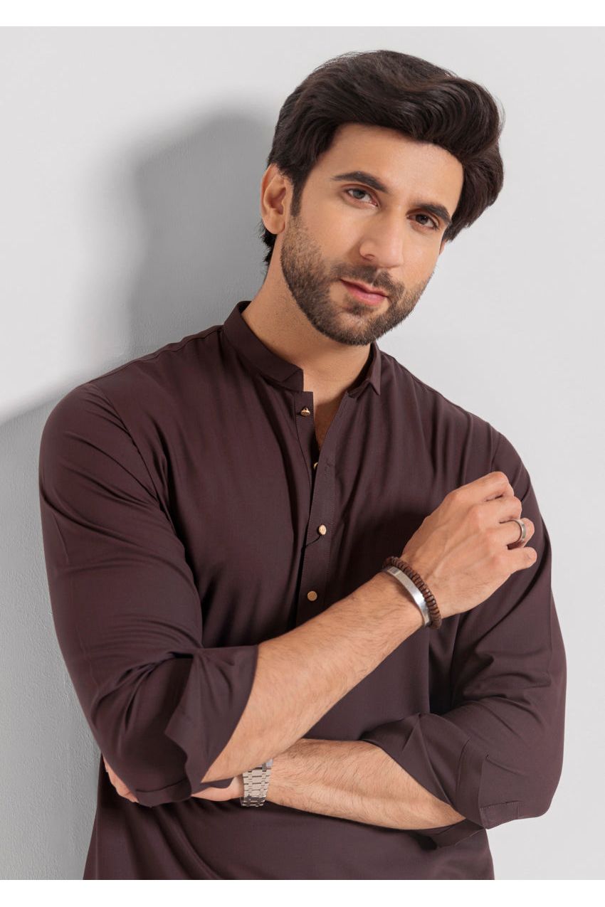 Plum Silk Blend 2-Piece Kurta | Henley Neckline