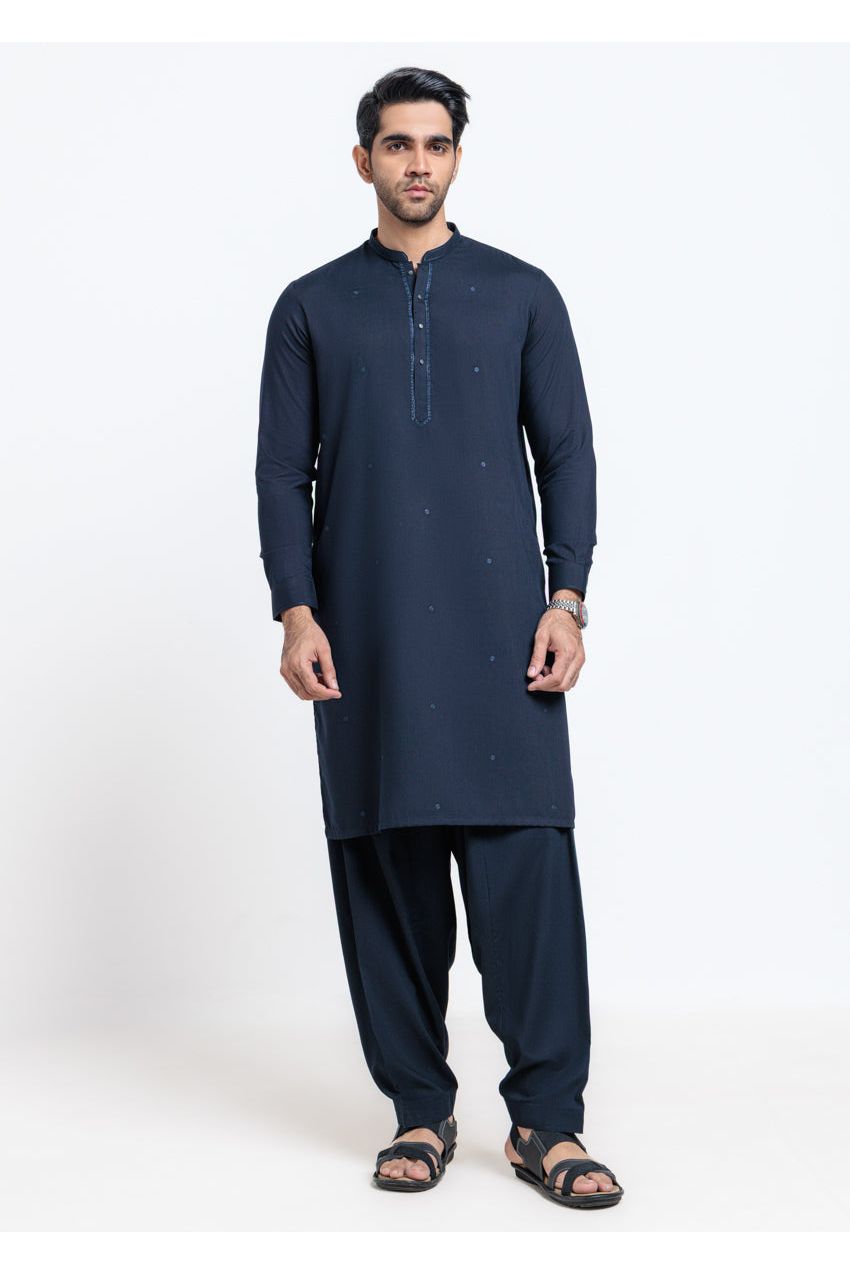 Midnight Navy Cotton 2-Piece Kurta | Embroidered Placket - Pehnaawaa