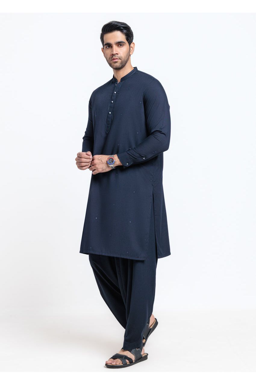 Midnight Navy Cotton 2-Piece Kurta | Embroidered Placket - Pehnaawaa