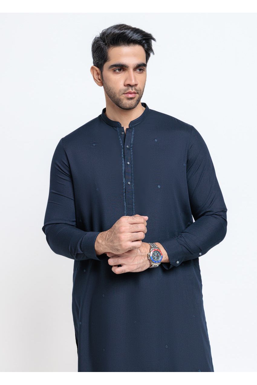 Midnight Navy Cotton 2-Piece Kurta | Embroidered Placket - Pehnaawaa