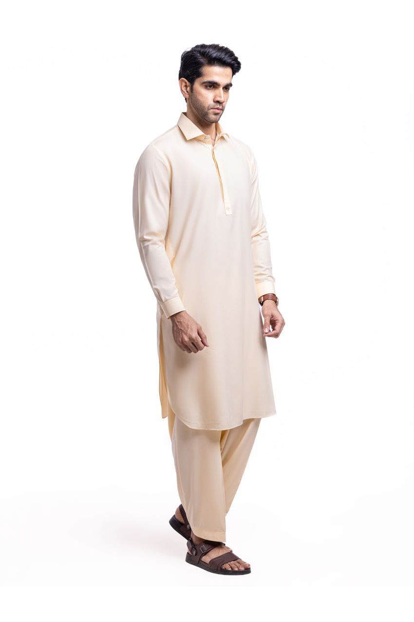 Cream Egyptian Cotton Silk Kurta 2-Piece | Half-Button Placket