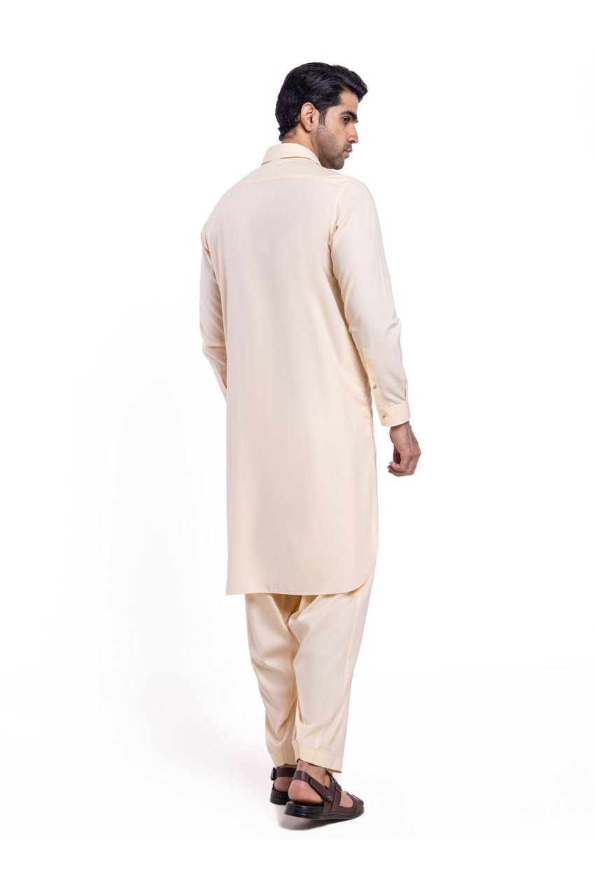 Cream Egyptian Cotton Silk Kurta 2-Piece | Half-Button Placket