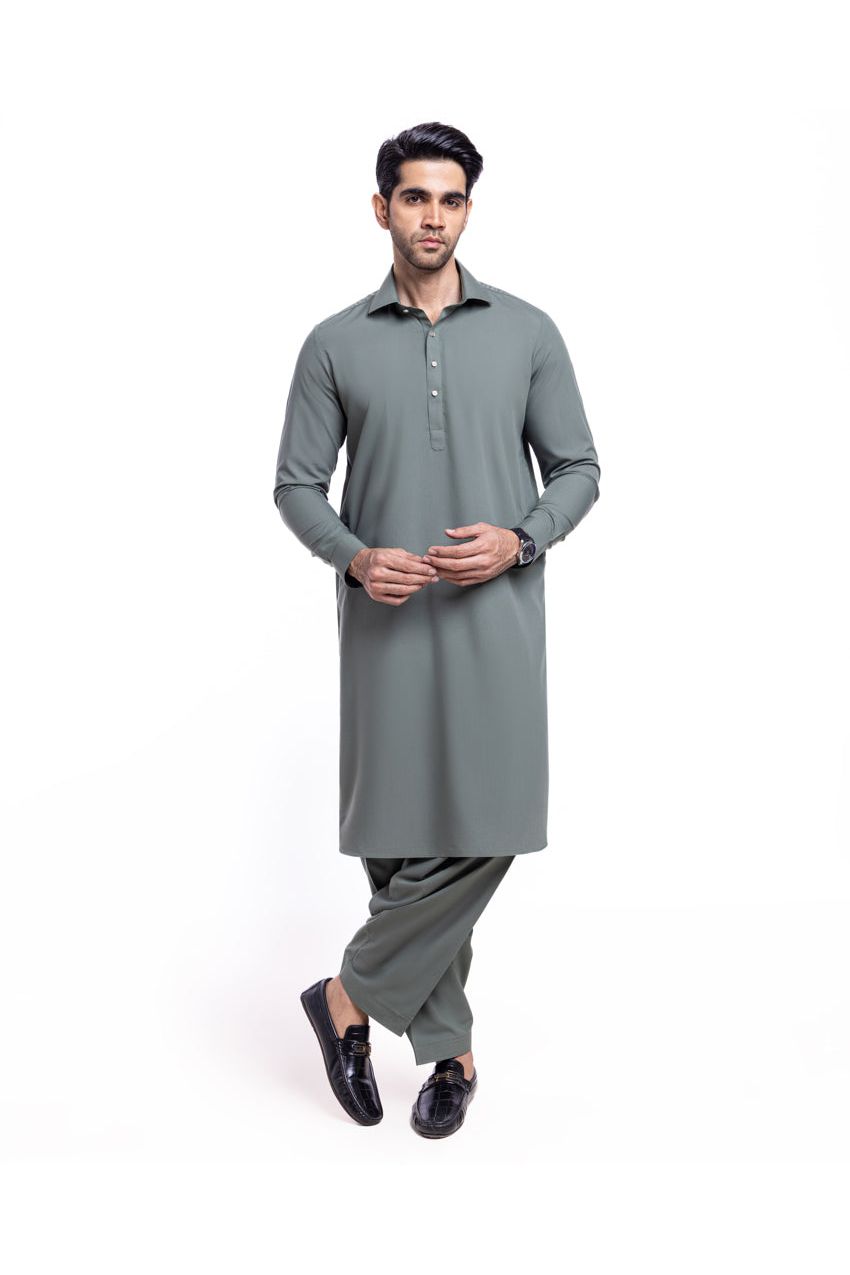 Sage Silk Blend 2-Piece Kurta Suit | Clean Collar Formal