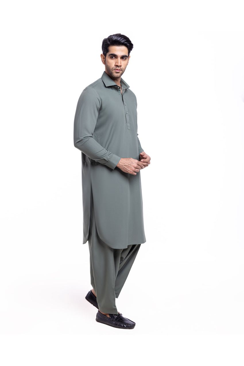 Sage Silk Blend 2-Piece Kurta Suit | Clean Collar Formal