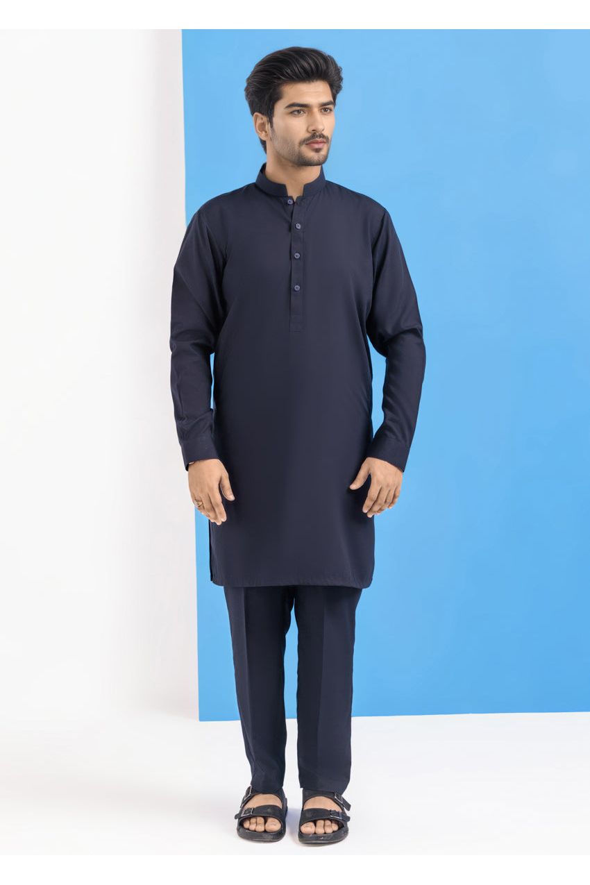 Midnight Navy Cotton 2-Piece Kurta Set | Mandarin Collar - Pehnaawaa
