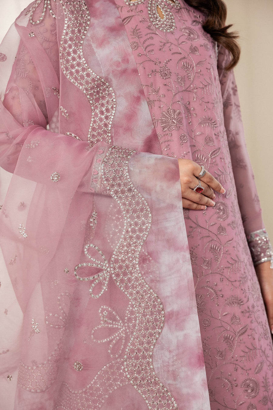 Dusty Pink Embroidered Chiffon Sharara Suit with Sequins Organza Dupatta