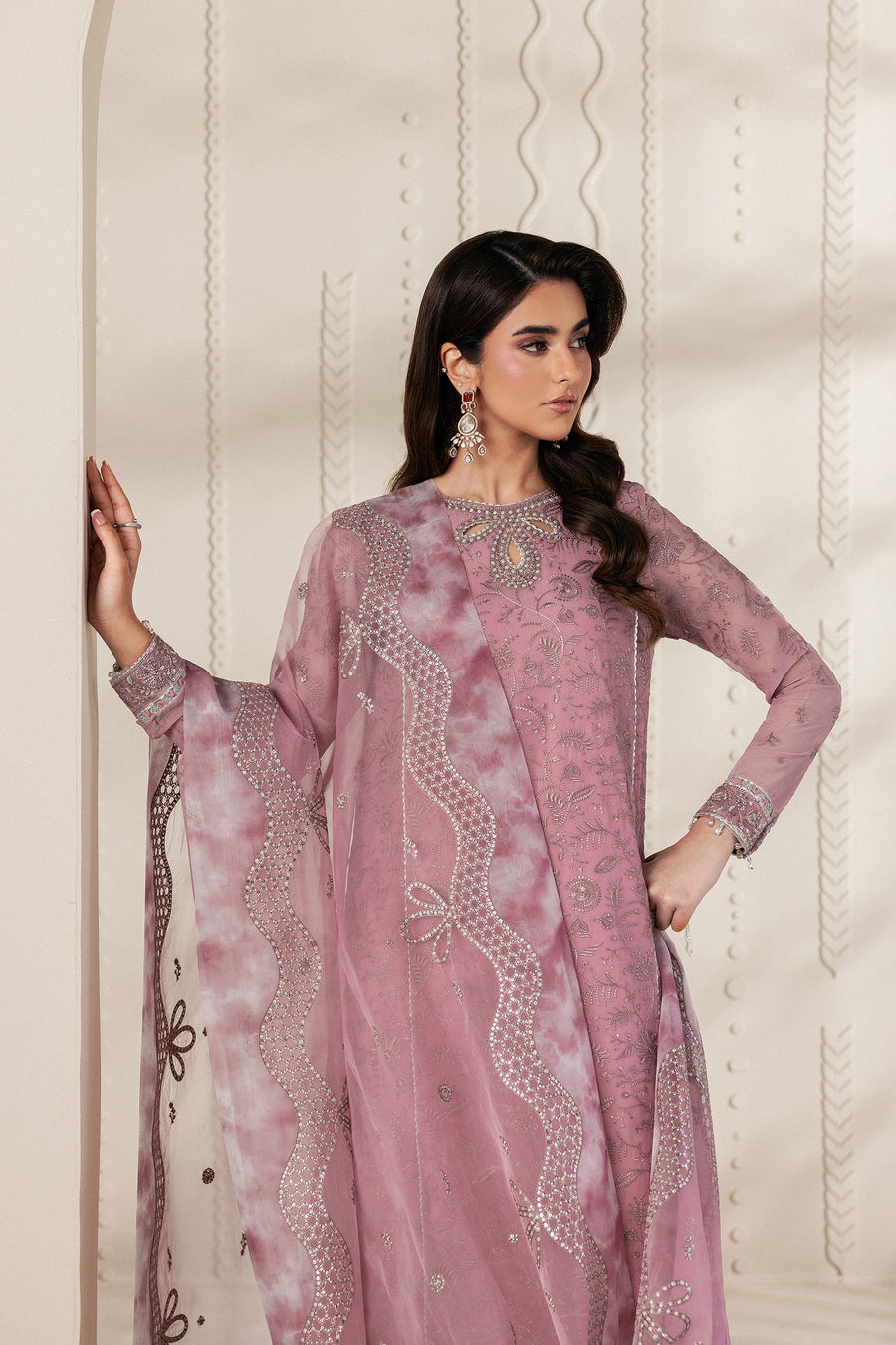 Dusty Pink Embroidered Chiffon Sharara Suit with Sequins Organza Dupatta