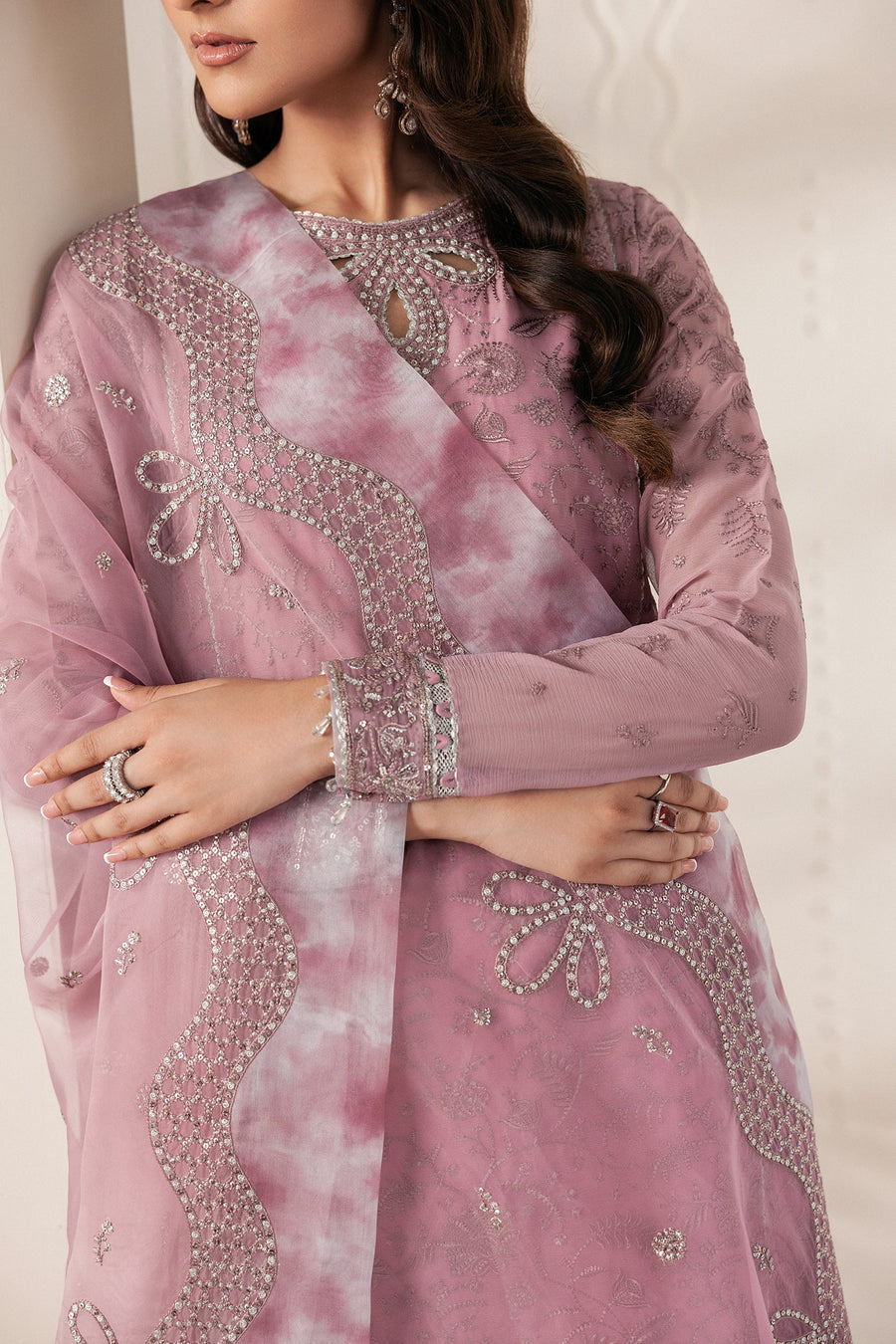 Dusty Pink Embroidered Chiffon Sharara Suit with Sequins Organza Dupatta