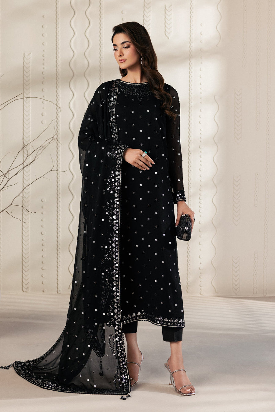 Black Sequins Embroidered Chiffon Suit with Raw Silk Trousers and Chiffon Dupatta