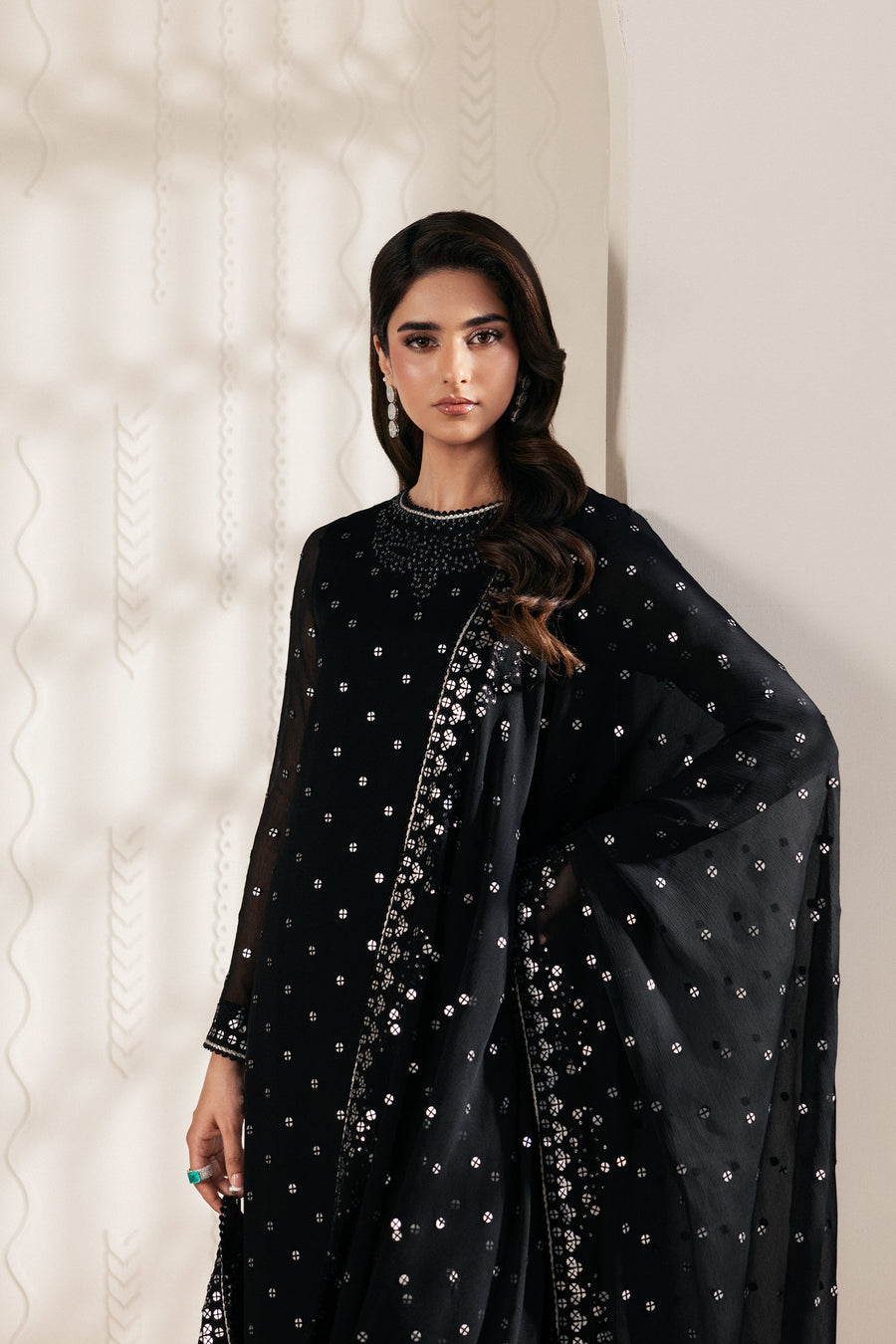 Black Sequins Embroidered Chiffon Suit with Raw Silk Trousers and Chiffon Dupatta