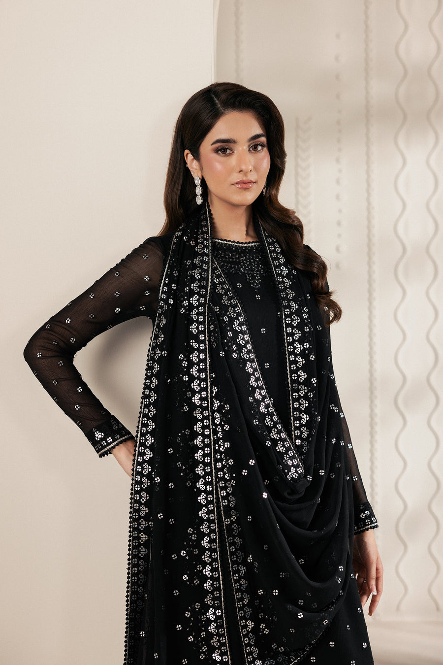 Black Sequins Embroidered Chiffon Suit with Raw Silk Trousers and Chiffon Dupatta
