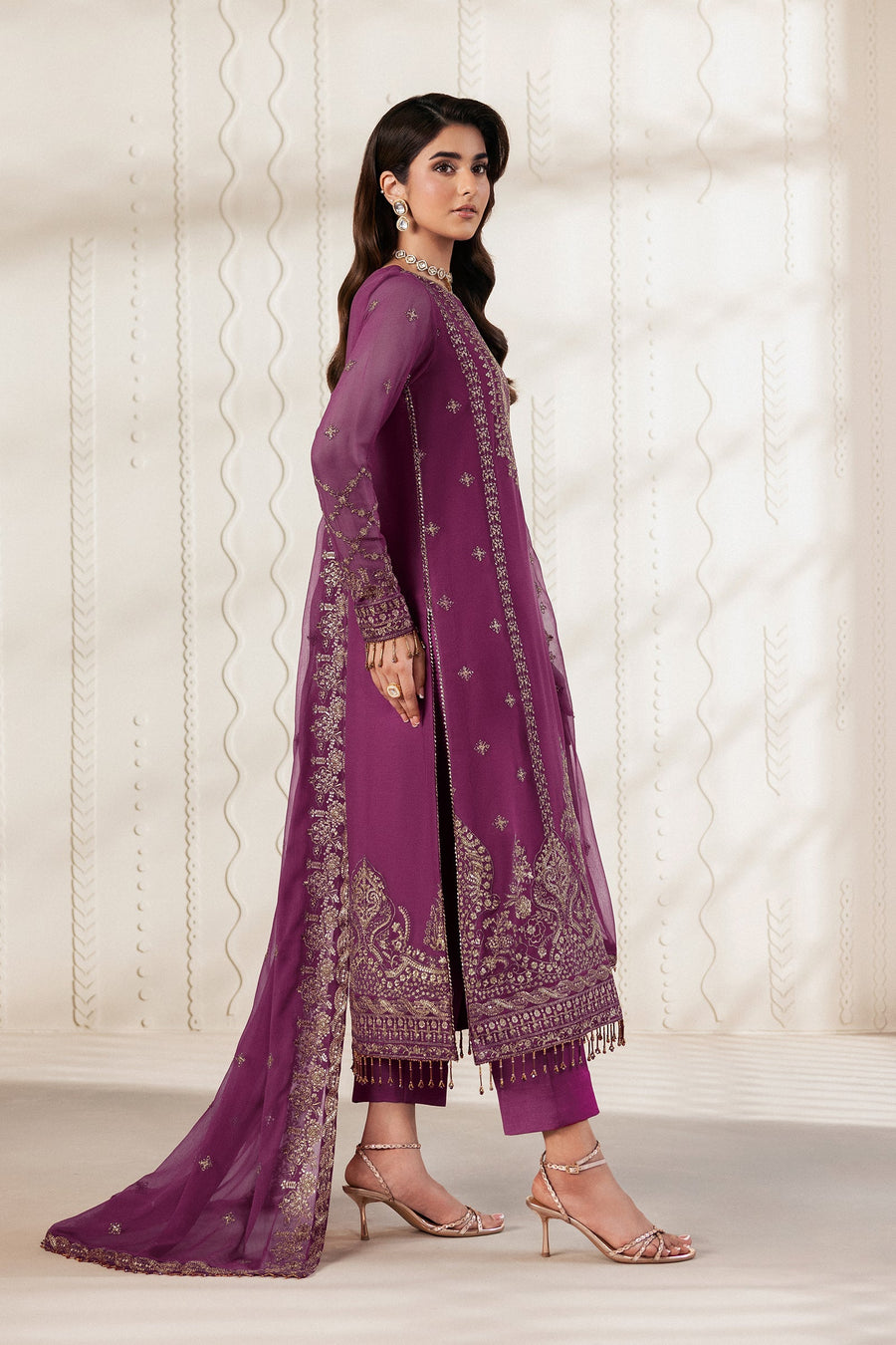 Purple Sequins Embroidered Chiffon Suit with Raw Silk Trousers and Chiffon Dupatta