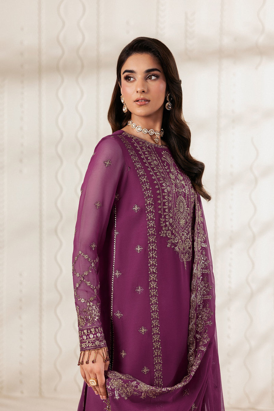 Purple Sequins Embroidered Chiffon Suit with Raw Silk Trousers and Chiffon Dupatta