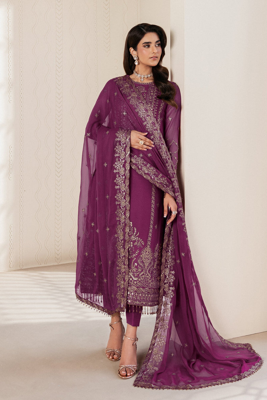 Purple Sequins Embroidered Chiffon Suit with Raw Silk Trousers and Chiffon Dupatta