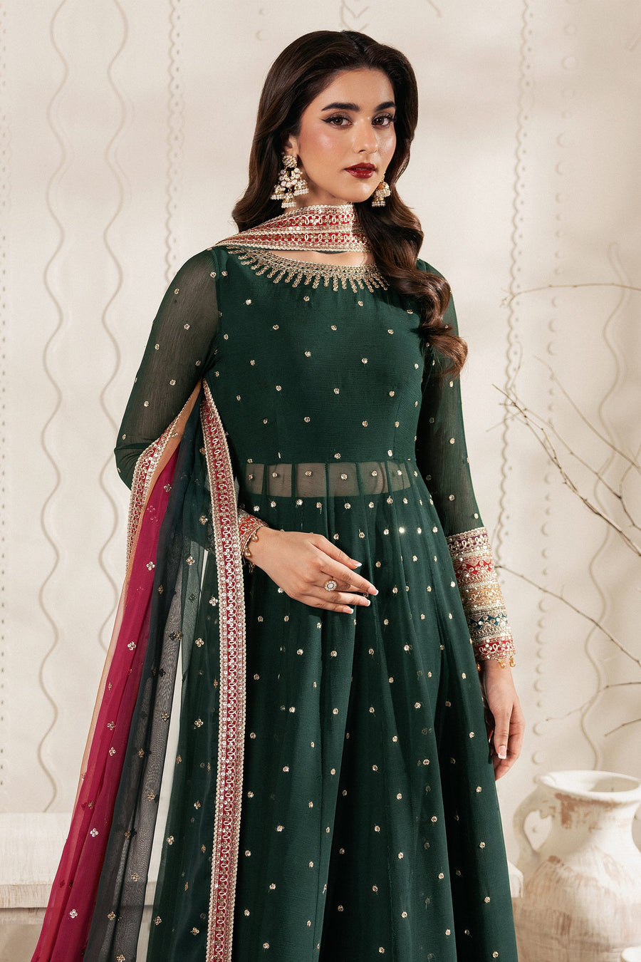 Emerald Green Sequins Embroidered Chiffon Anarkali Lehenga Suit with Multicolour Dupatta