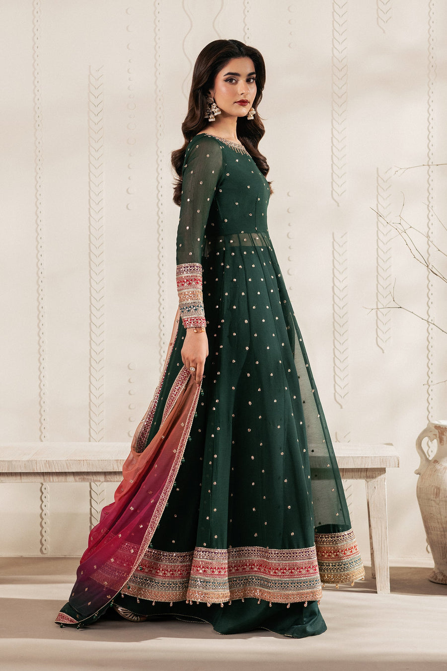 Emerald Green Sequins Embroidered Chiffon Anarkali Lehenga Suit with Multicolour Dupatta