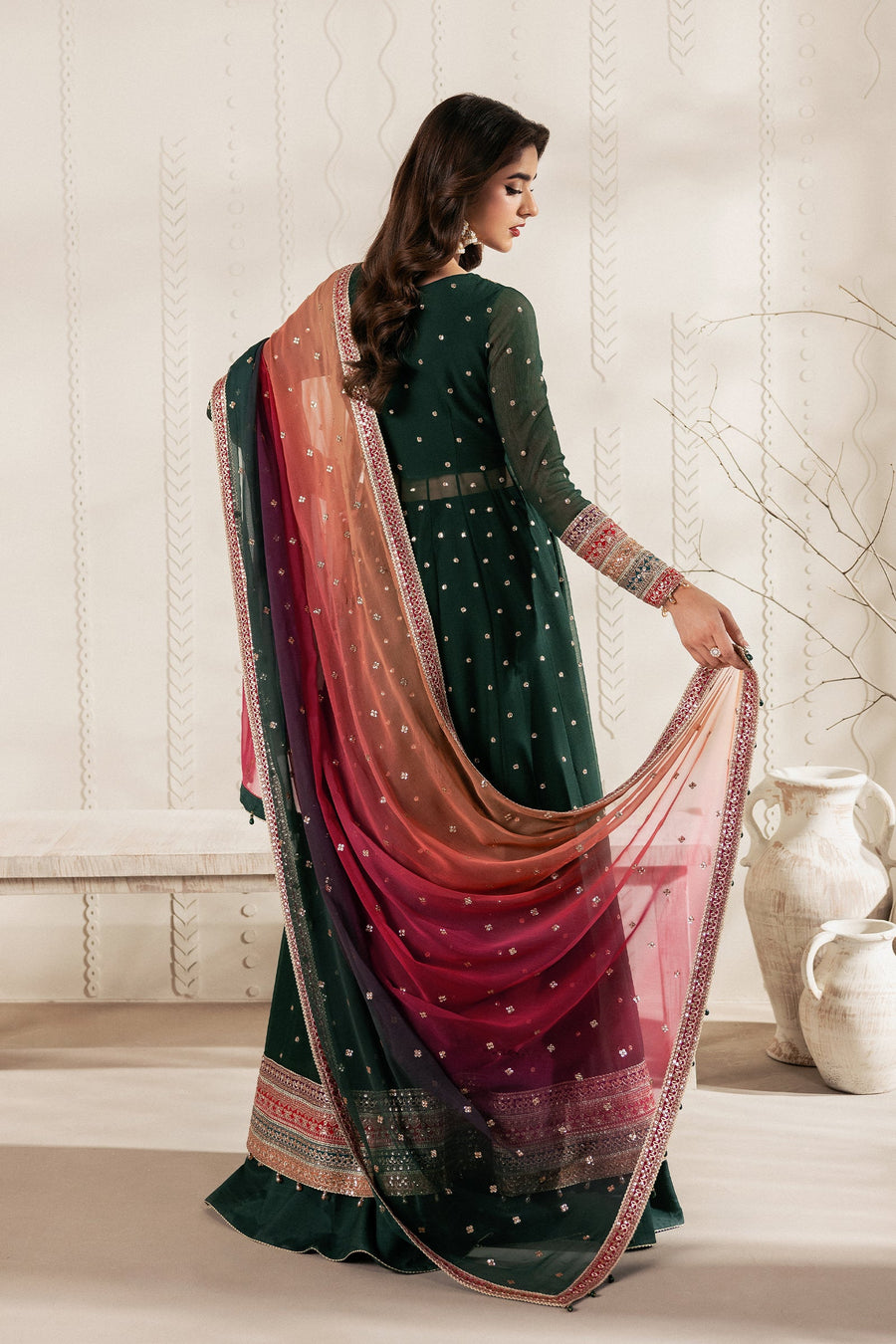 Emerald Green Sequins Embroidered Chiffon Anarkali Lehenga Suit with Multicolour Dupatta