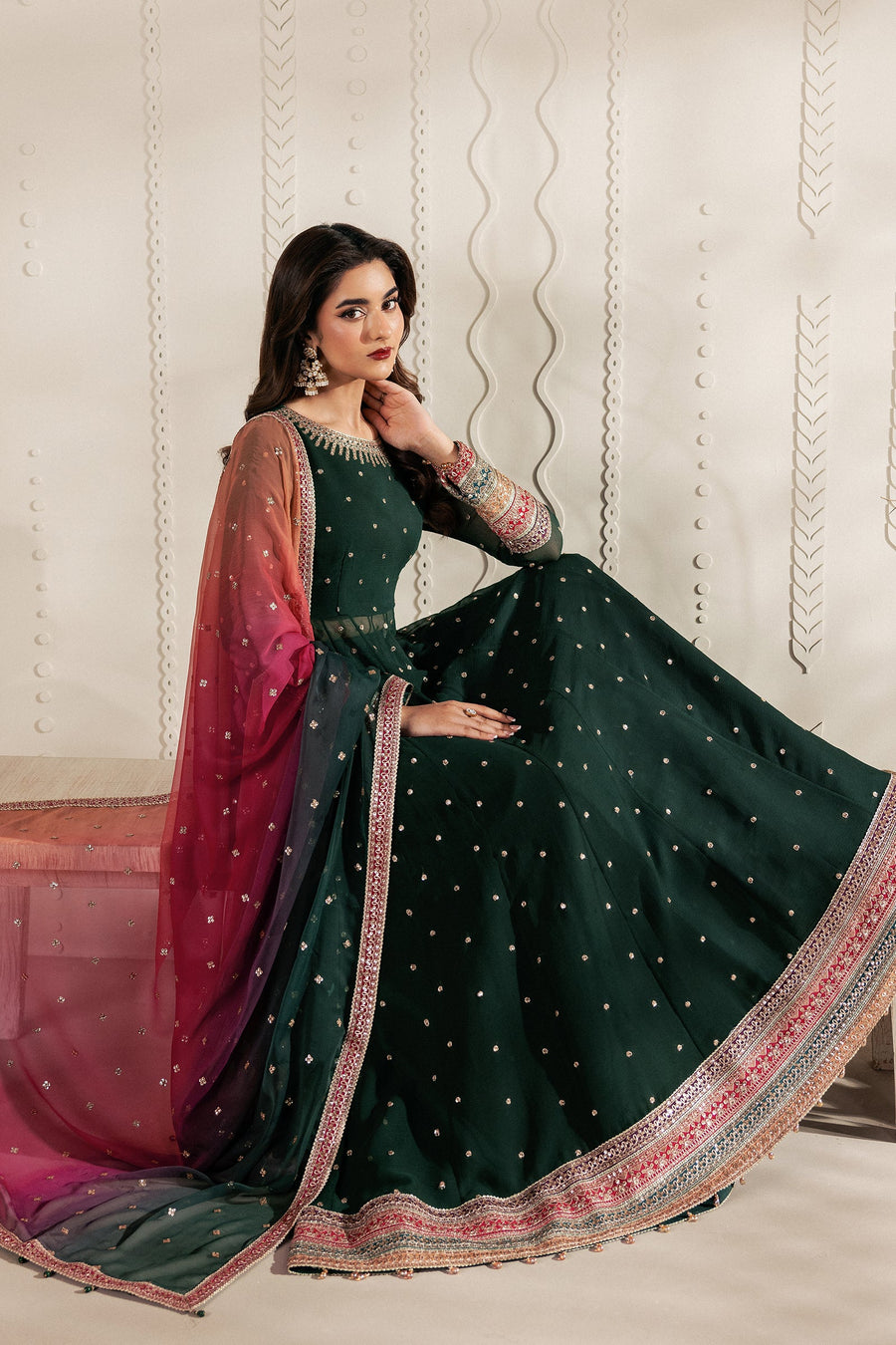 Emerald Green Sequins Embroidered Chiffon Anarkali Lehenga Suit with Multicolour Dupatta