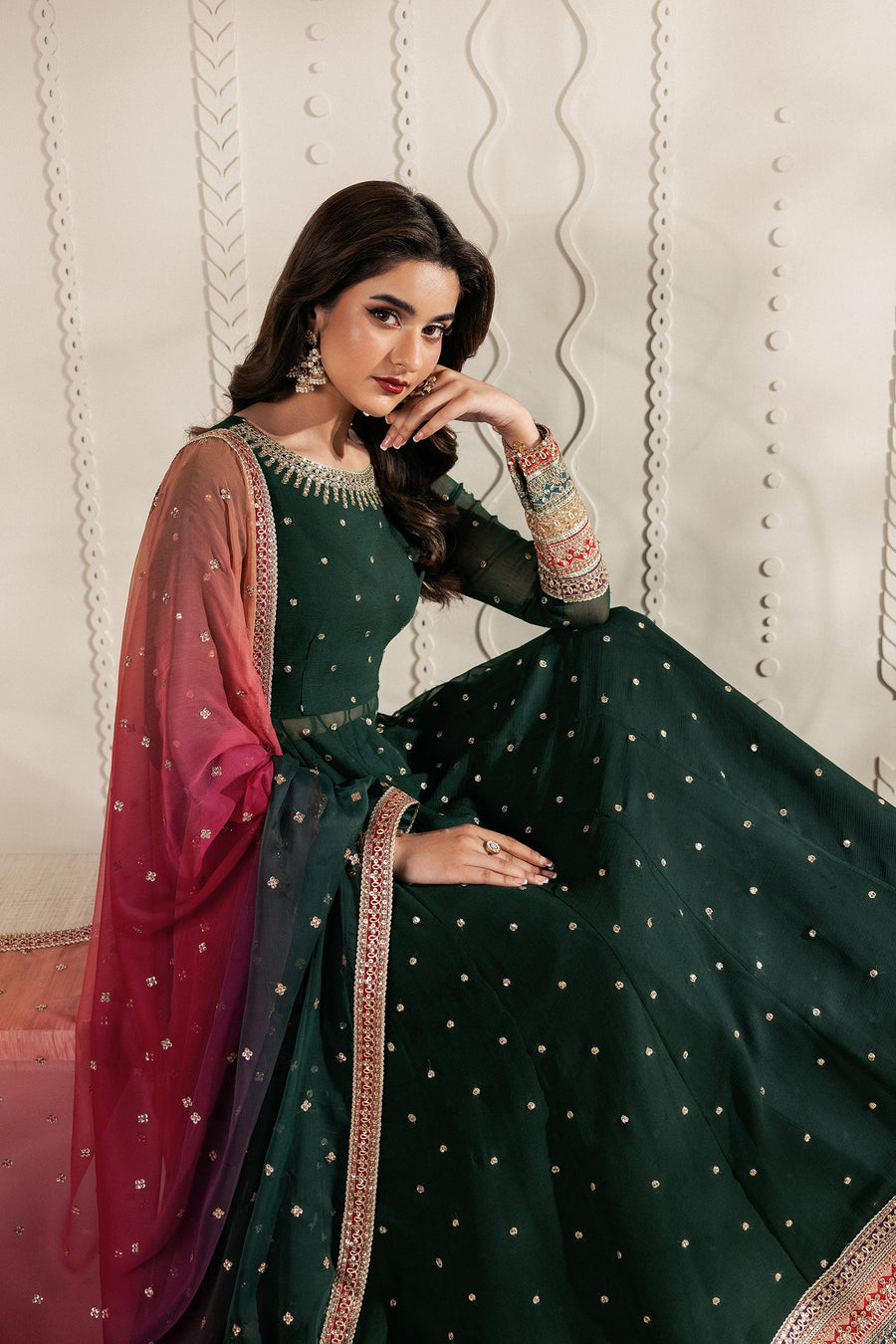 Emerald Green Sequins Embroidered Chiffon Anarkali Lehenga Suit with Multicolour Dupatta