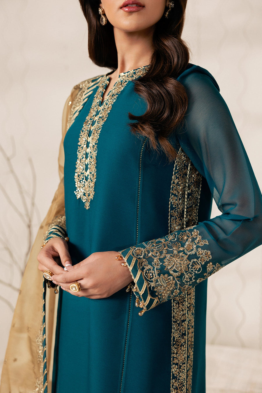 Teal Blue Sequins Embroidered Chiffon Suit with Raw Silk Trousers and Organza Dupatta