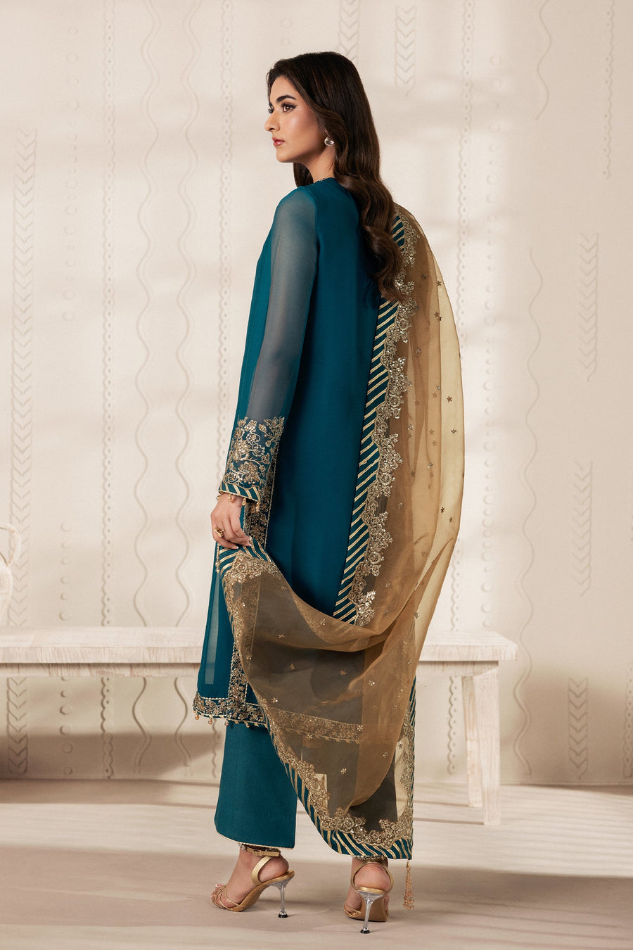 Teal Blue Sequins Embroidered Chiffon Suit with Raw Silk Trousers and Organza Dupatta