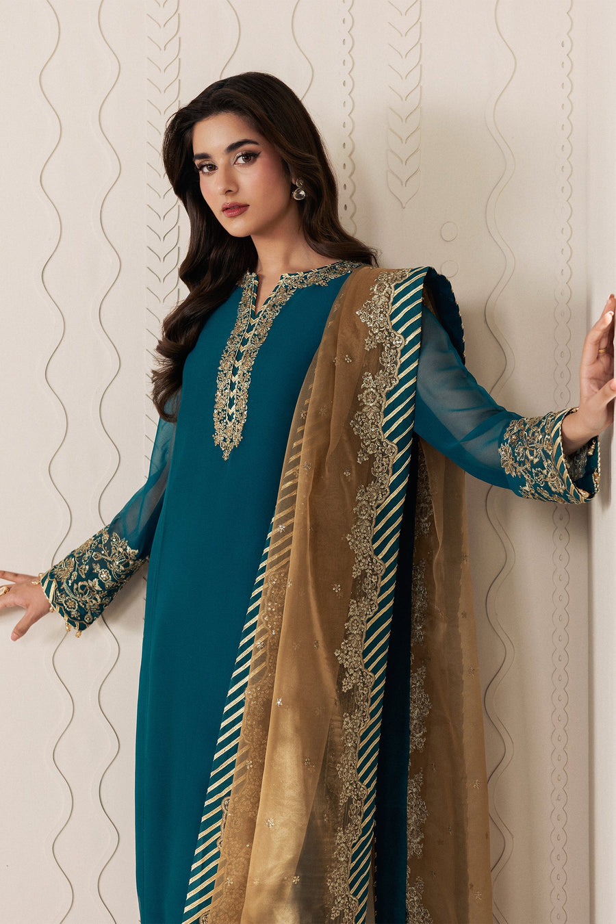 Teal Blue Sequins Embroidered Chiffon Suit with Raw Silk Trousers and Organza Dupatta