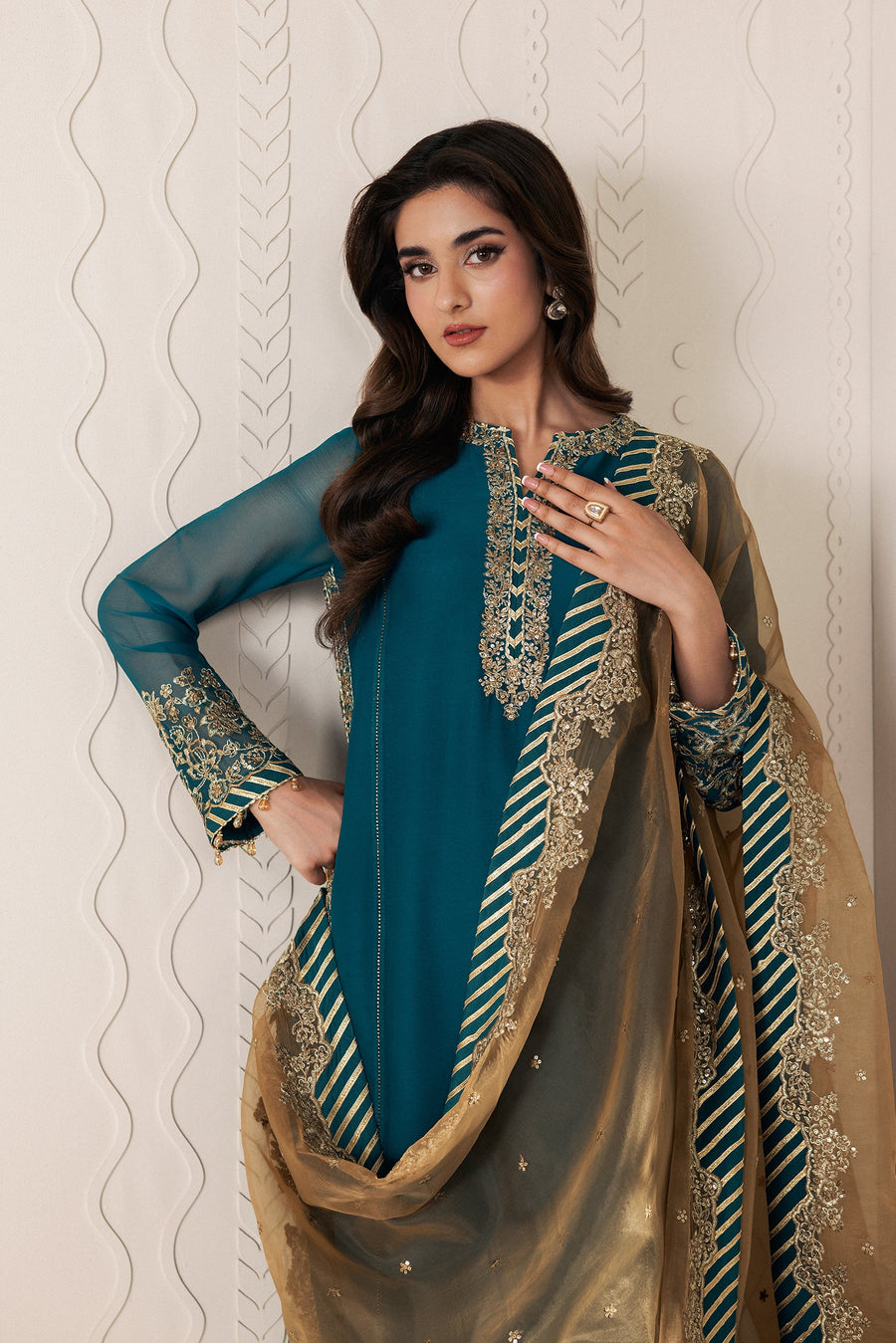 Teal Blue Sequins Embroidered Chiffon Suit with Raw Silk Trousers and Organza Dupatta