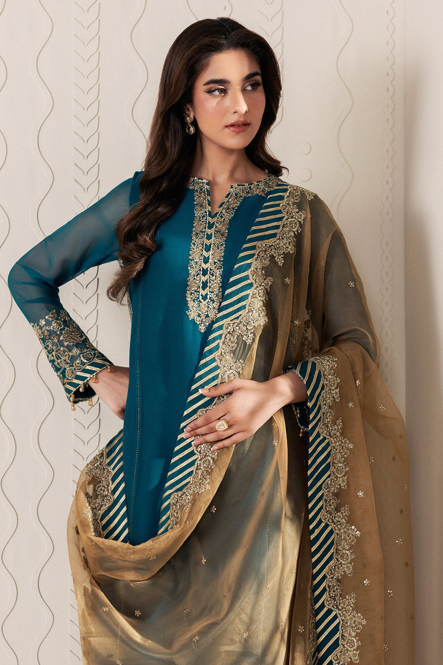 Teal Blue Sequins Embroidered Chiffon Suit with Raw Silk Trousers and Organza Dupatta