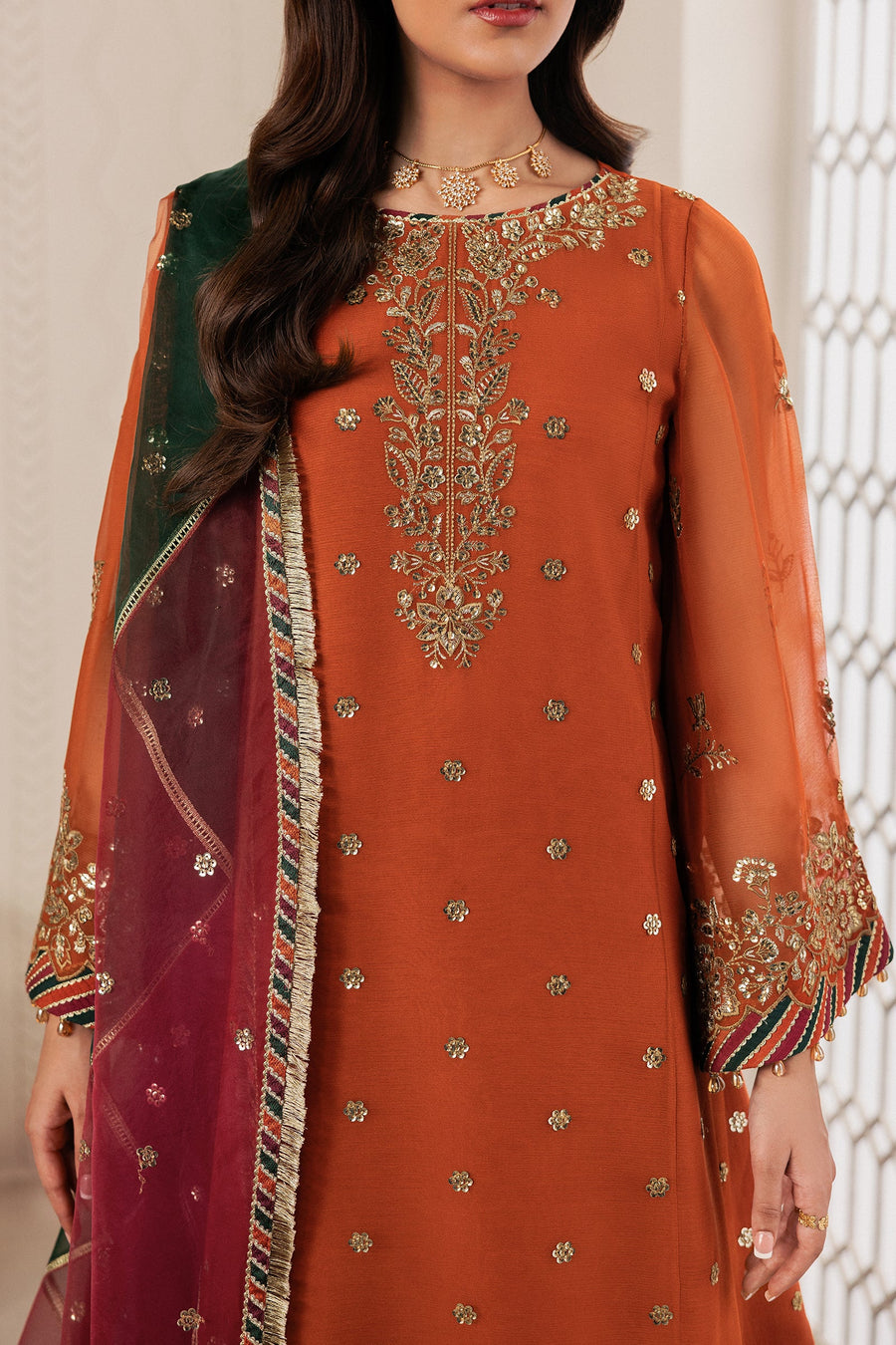 Rust Orange Sequins Embroidered Chiffon Sharara Suit with Organza Dupatta