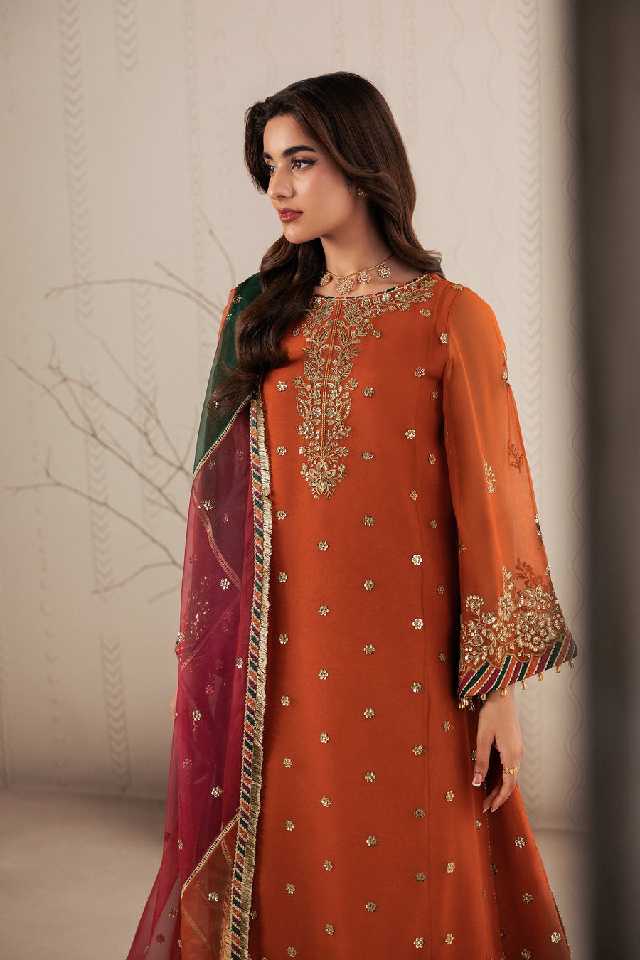 Rust Orange Sequins Embroidered Chiffon Sharara Suit with Organza Dupatta