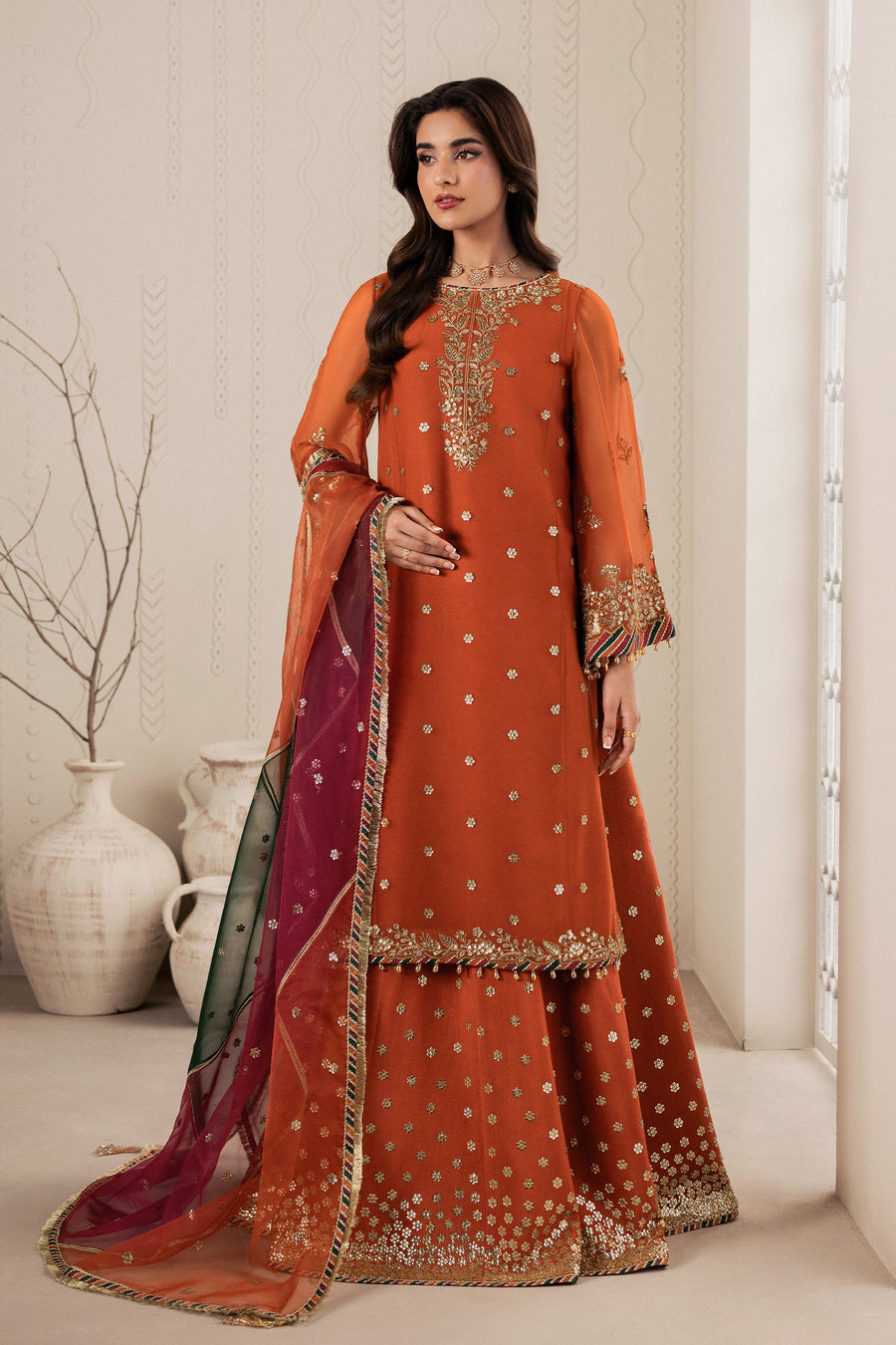 Rust Orange Sequins Embroidered Chiffon Sharara Suit with Organza Dupatta