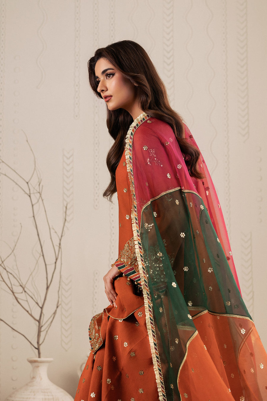 Rust Orange Sequins Embroidered Chiffon Sharara Suit with Organza Dupatta