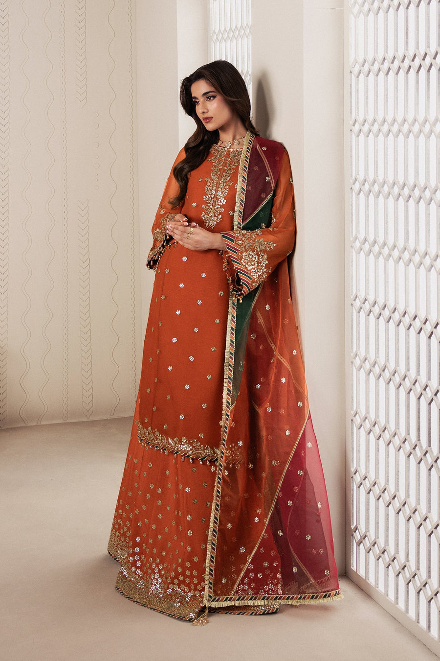 Rust Orange Sequins Embroidered Chiffon Sharara Suit with Organza Dupatta