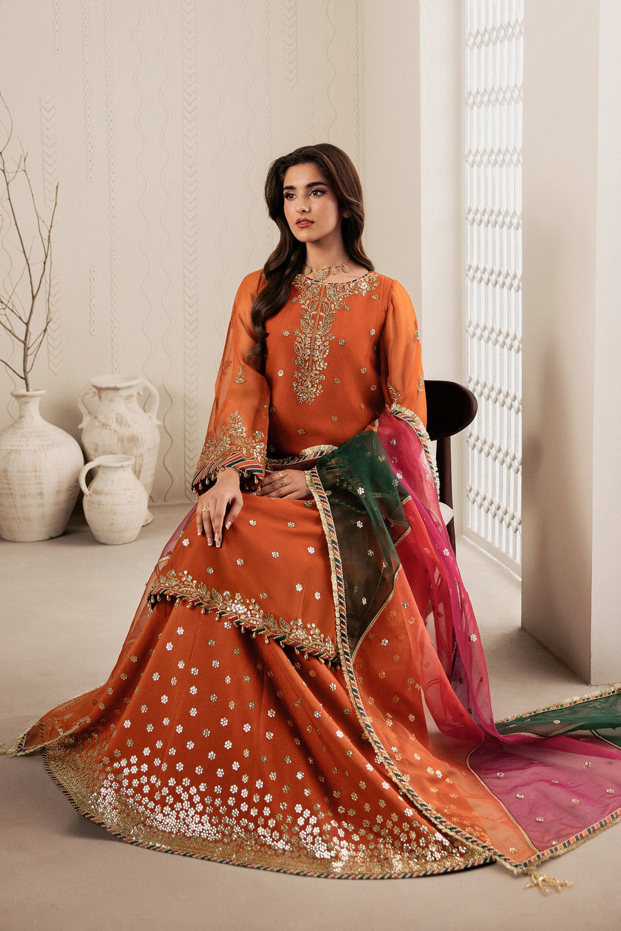 Rust Orange Sequins Embroidered Chiffon Sharara Suit with Organza Dupatta