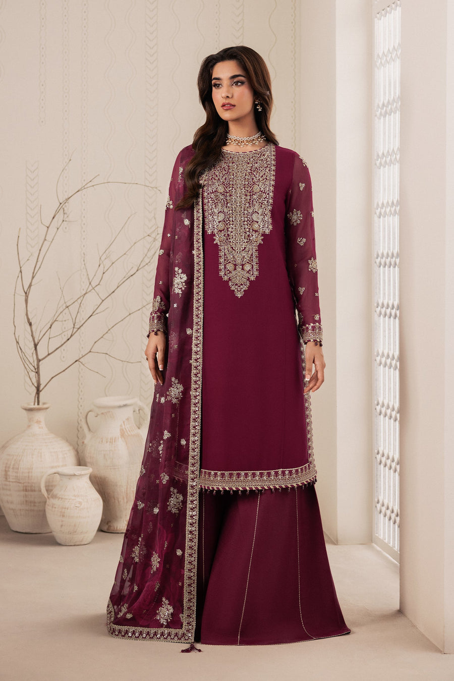 Plum Sequins Embroidered Chiffon Sharara Suit with Chiffon Dupatta
