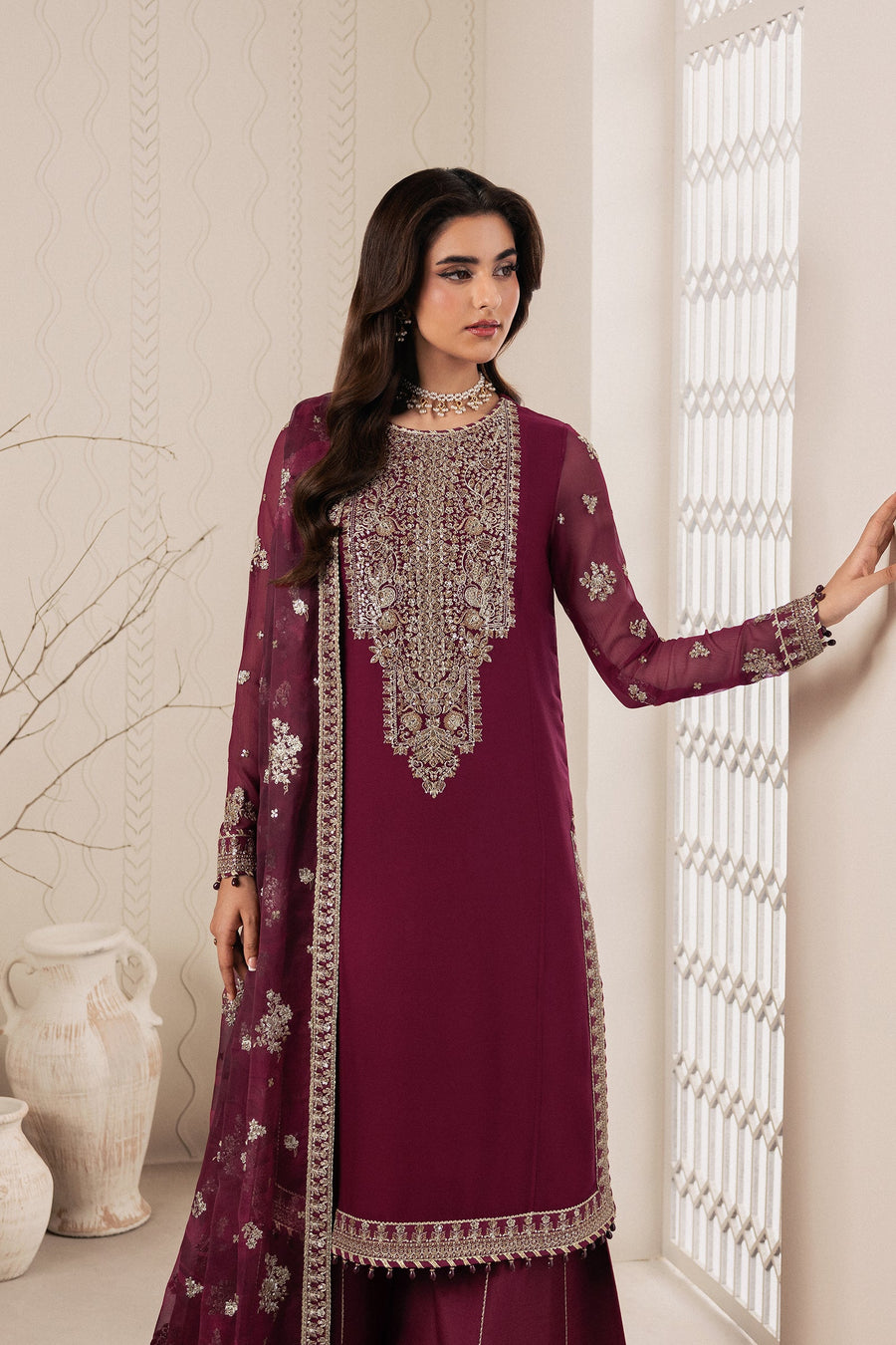 Plum Sequins Embroidered Chiffon Sharara Suit with Chiffon Dupatta