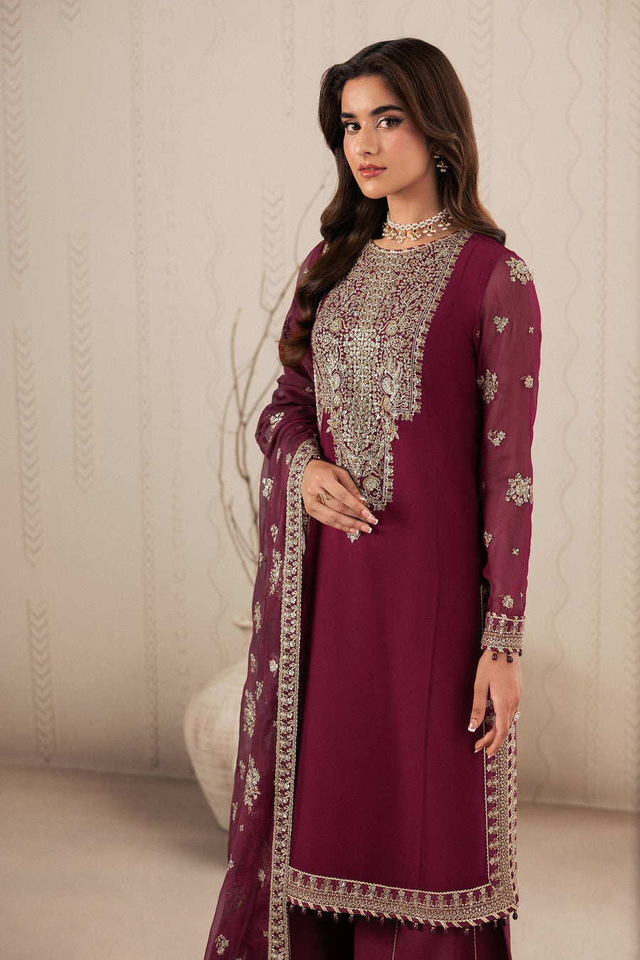 Plum Sequins Embroidered Chiffon Sharara Suit with Chiffon Dupatta