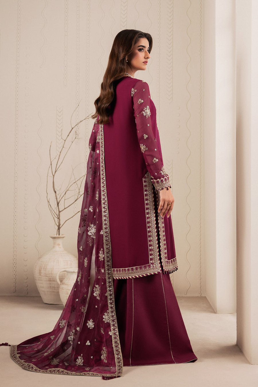 Plum Sequins Embroidered Chiffon Sharara Suit with Chiffon Dupatta