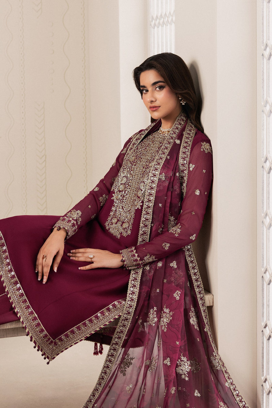 Plum Sequins Embroidered Chiffon Sharara Suit with Chiffon Dupatta